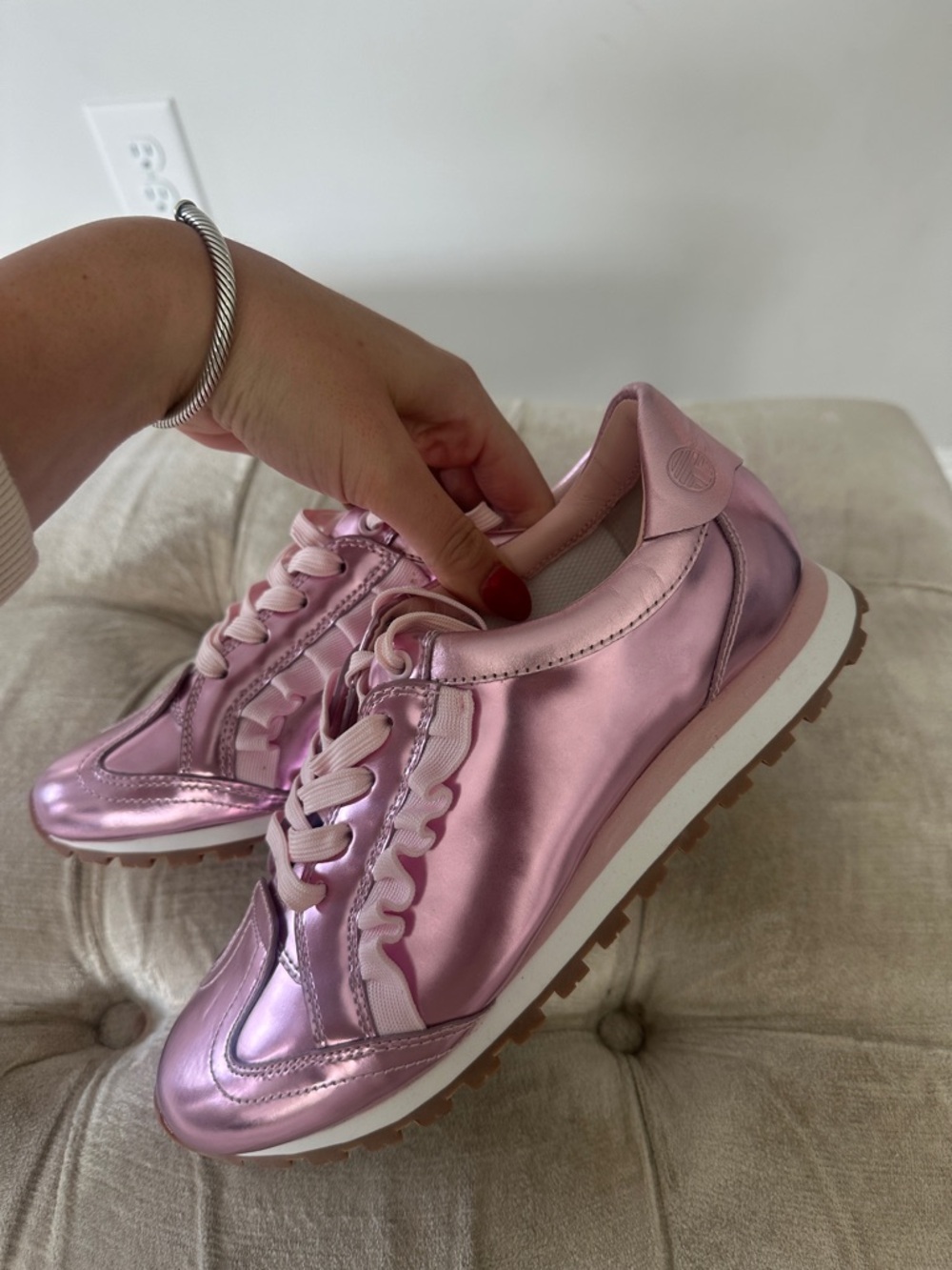 Tory Burch (Tory Sport) Pink Metallic Ruffle-Trim Lace-Up Sneakers